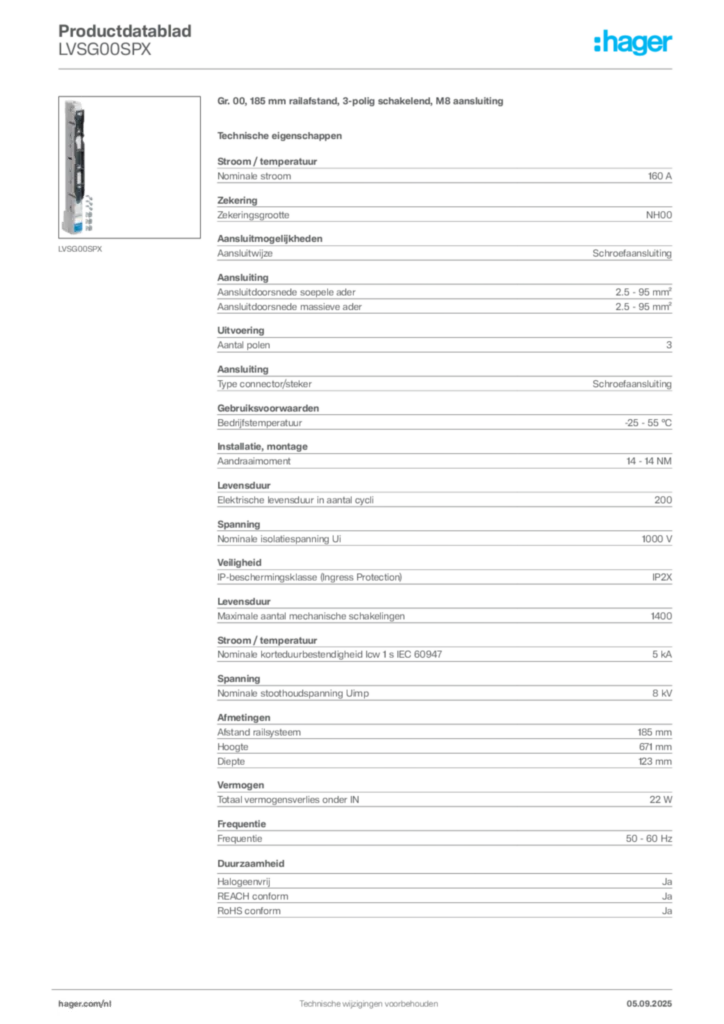Afbeelding Hager Productdatablad LVSG00SPX | Hager Nederland