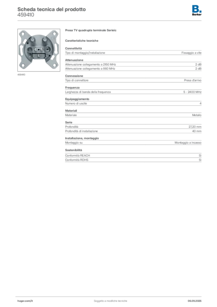 Immagine Berker Scheda tecnica del prodotto 459410 | Hager Italia