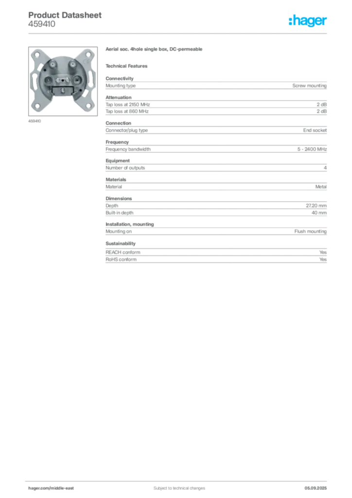 Image Hager Product data sheet 459410  | Hager