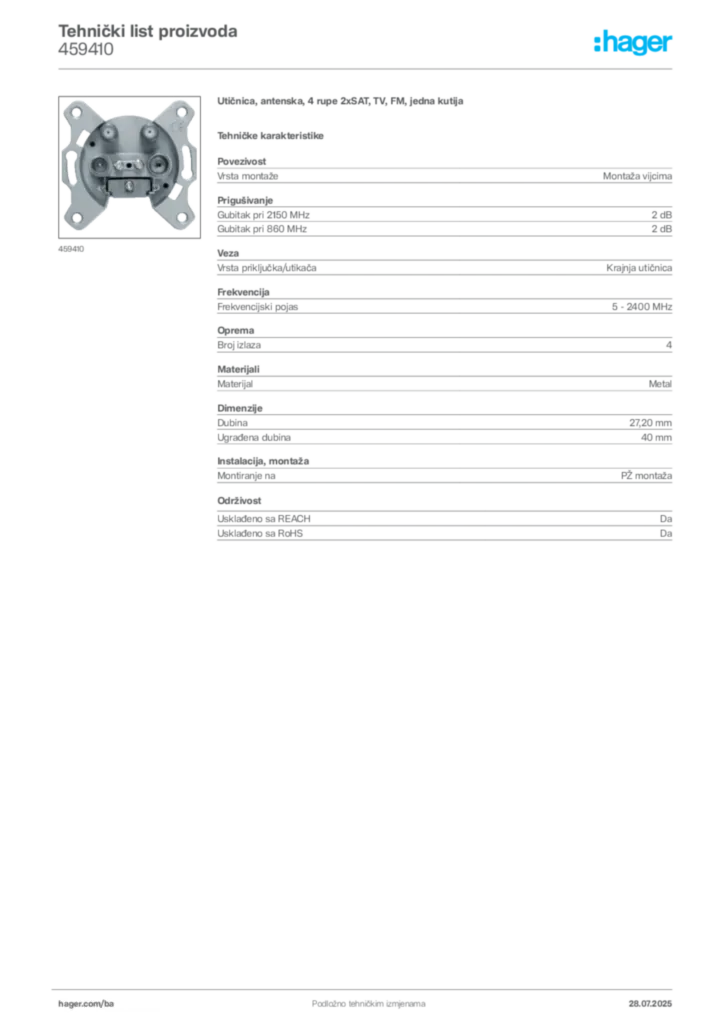 Slika Hager Product data sheet 459410  | Hager
