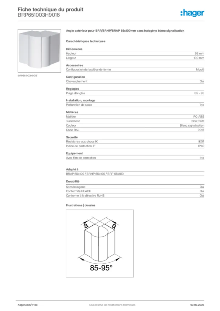 Image Hager Fiche technique du produit BRP651003H9016 | Hager Belgique