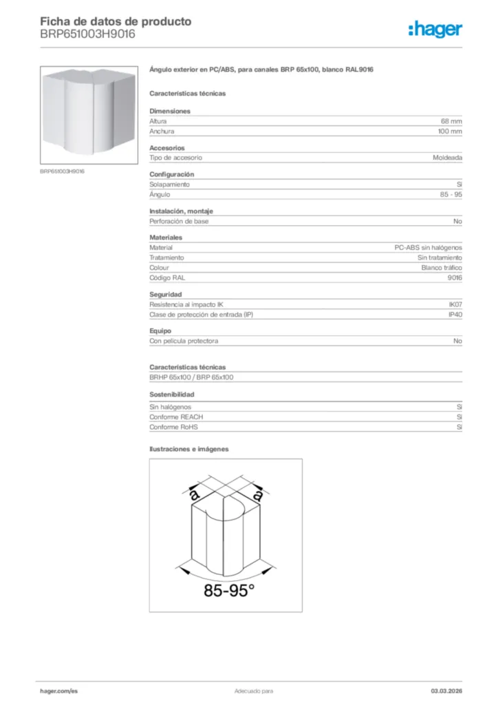 Imagen Hager Ficha de datos de producto BRP651003H9016 | Hager España