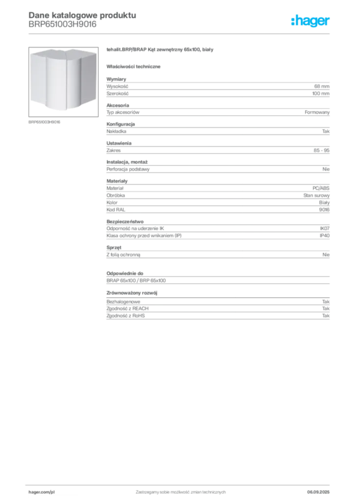 Zdjęcie Hager Dane katalogowe produktu BRP651003H9016 | Hager Polska
