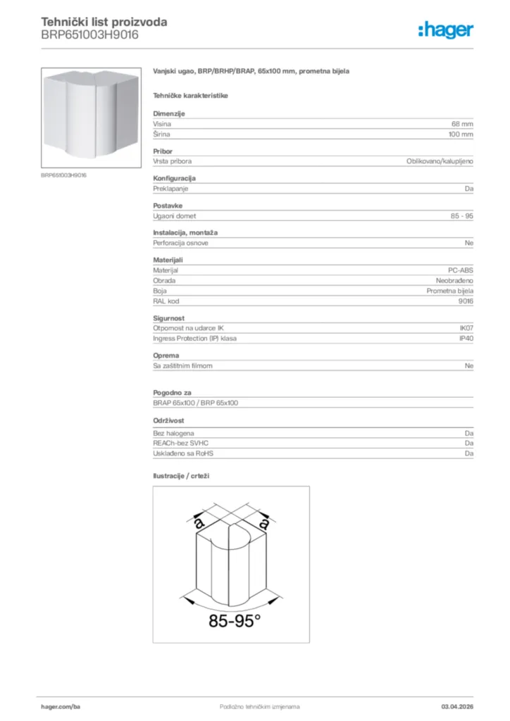 Slika Hager Tehnički list proizvoda BRP651003H9016  | Hager
