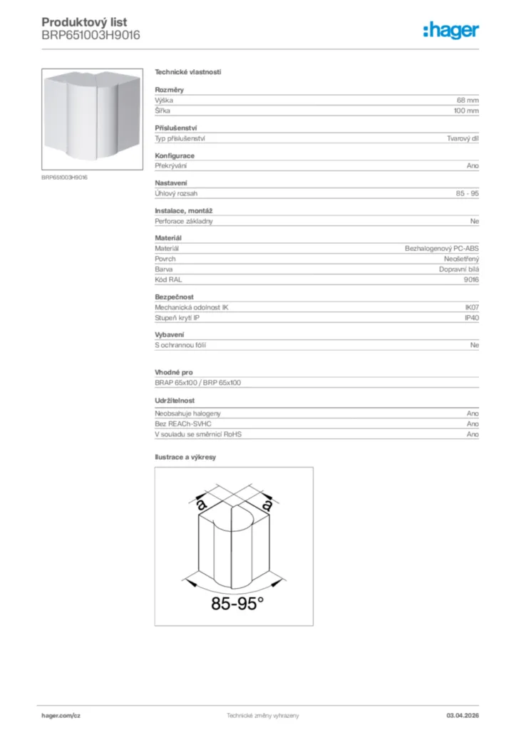 Obrázek Hager Product data sheet BRP651003H9016 | Hager