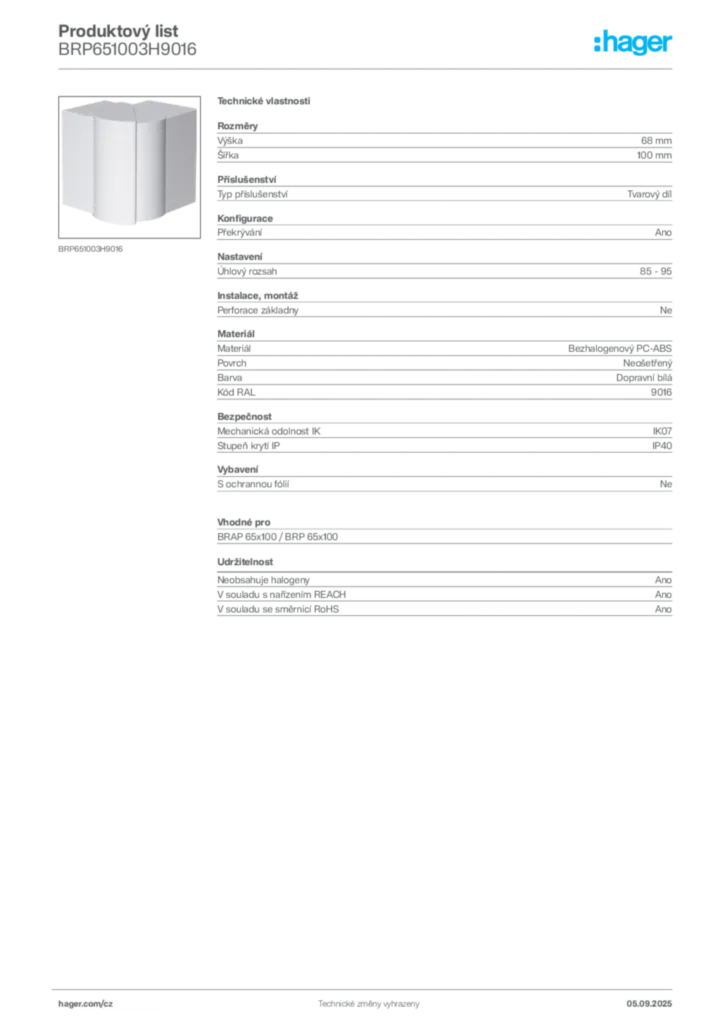Obrázek Hager Produktový list BRP651003H9016 | Hager