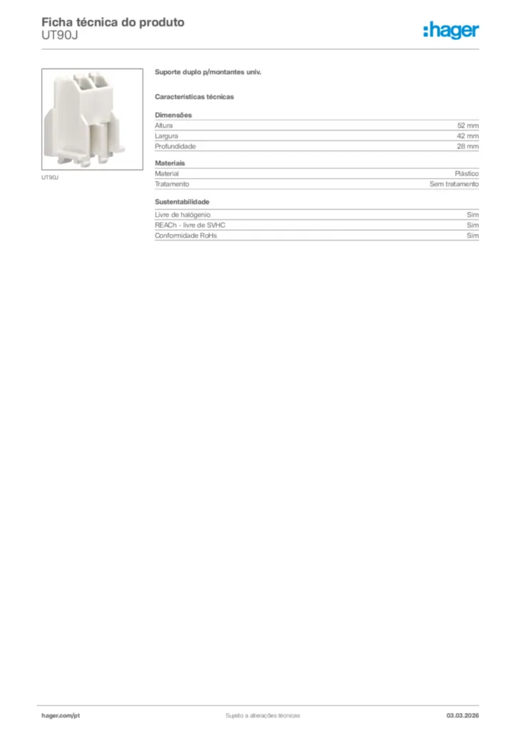 Imagem Hager Ficha técnica do produto UT90J | Hager Portugal
