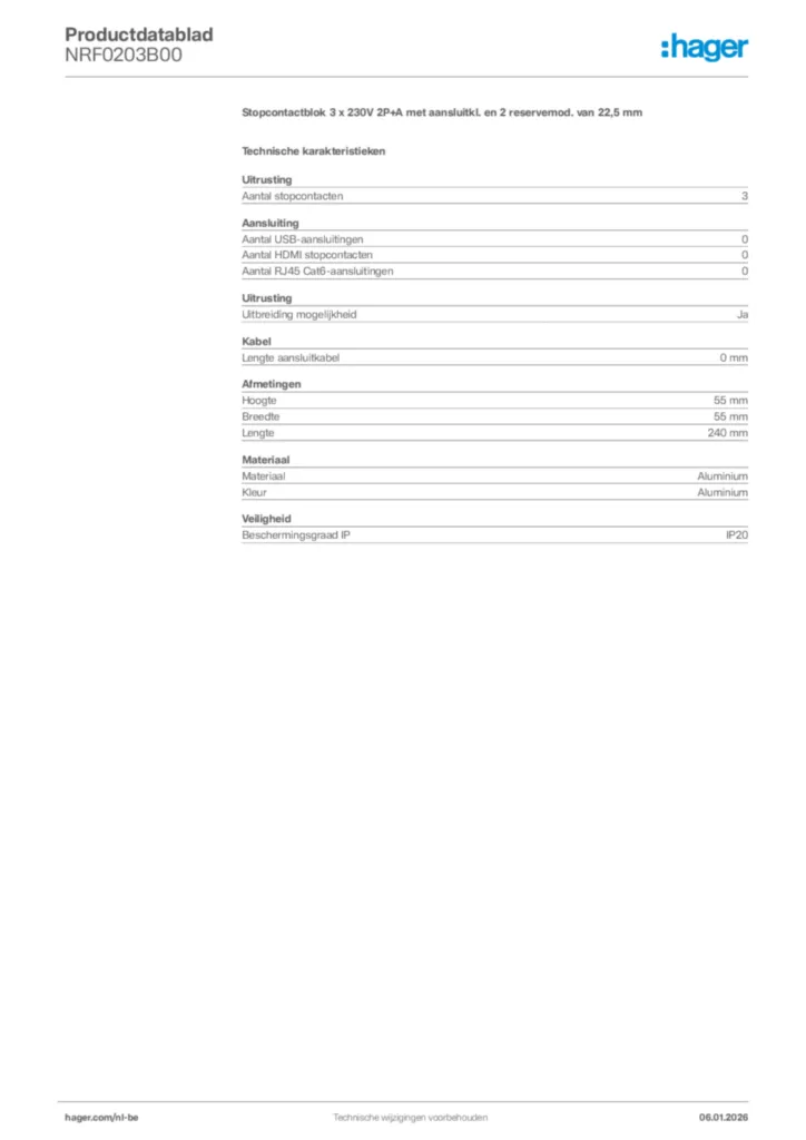 Afbeelding Hager Productdatablad NRF0203B00 | Hager Belgium