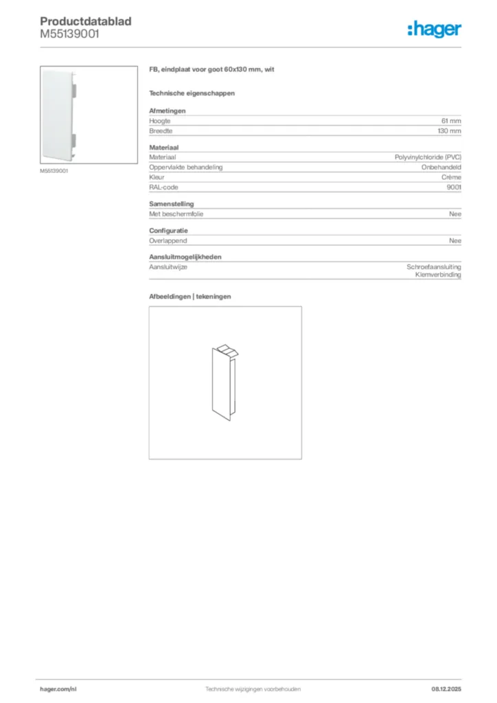 Afbeelding Hager Productdatablad M55139001 | Hager Nederland