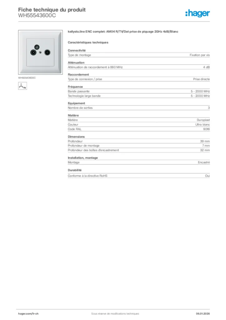 Image Hager Fiche technique du produit WH55543600C | Hager Suisse