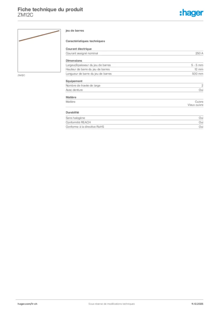 Image Hager Fiche technique du produit ZM12C | Hager Suisse