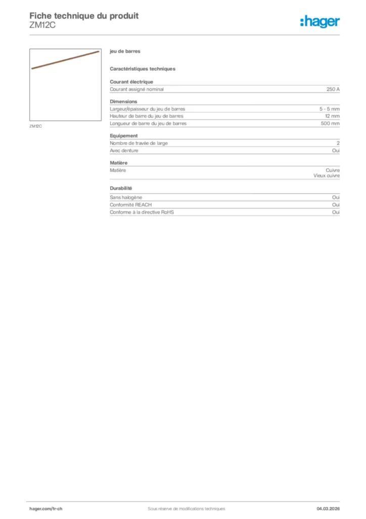 Image Hager Fiche technique du produit ZM12C | Hager Suisse
