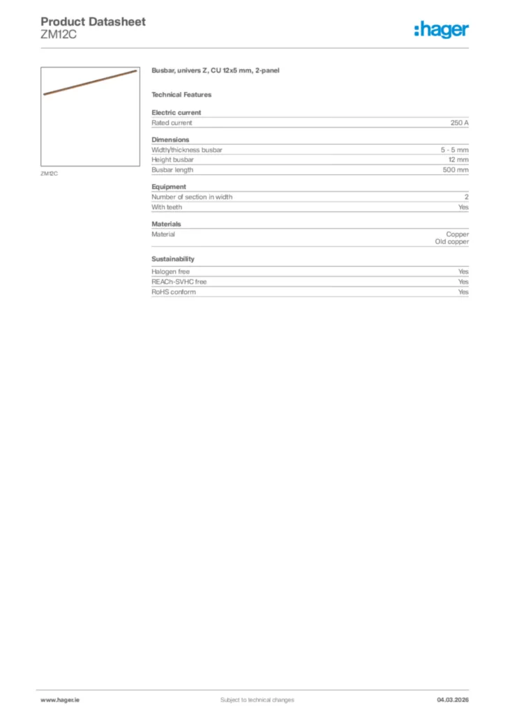 Image Hager Product data sheet ZM12C  | Hager