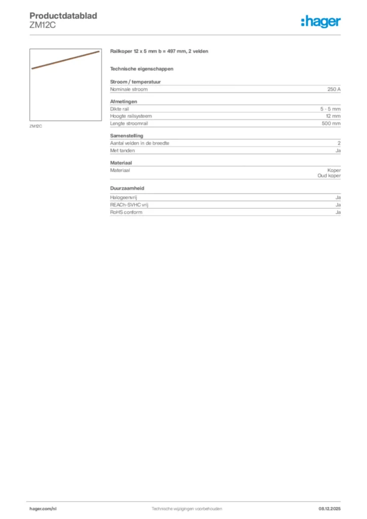 Afbeelding Hager Productdatablad ZM12C | Hager Nederland