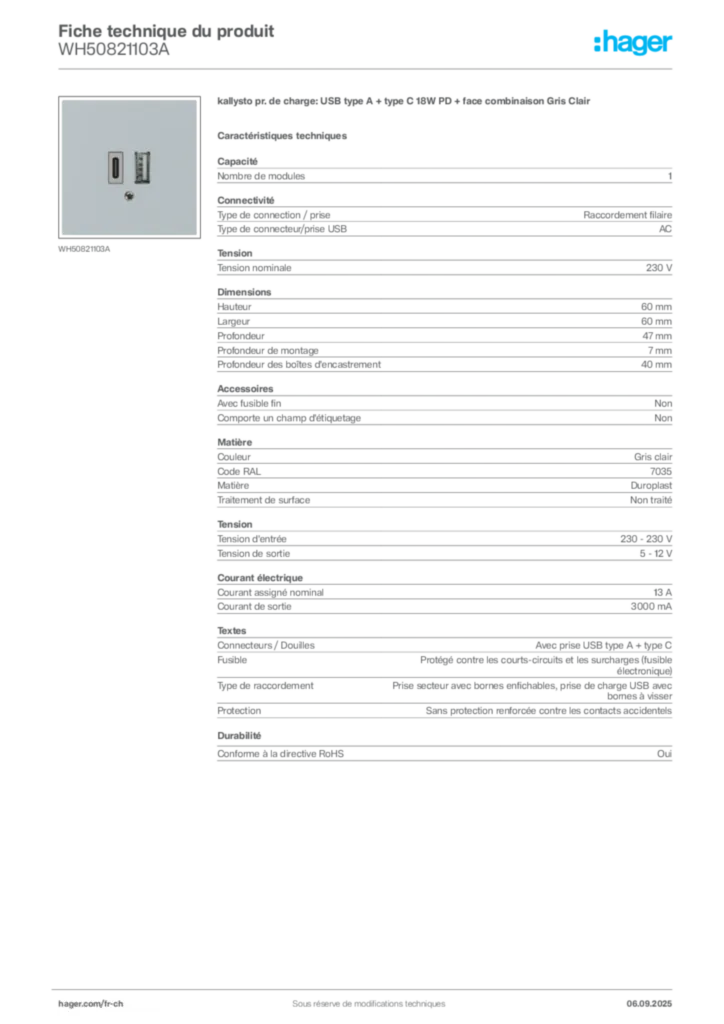 Image Hager Fiche technique du produit WH50821103A | Hager Suisse
