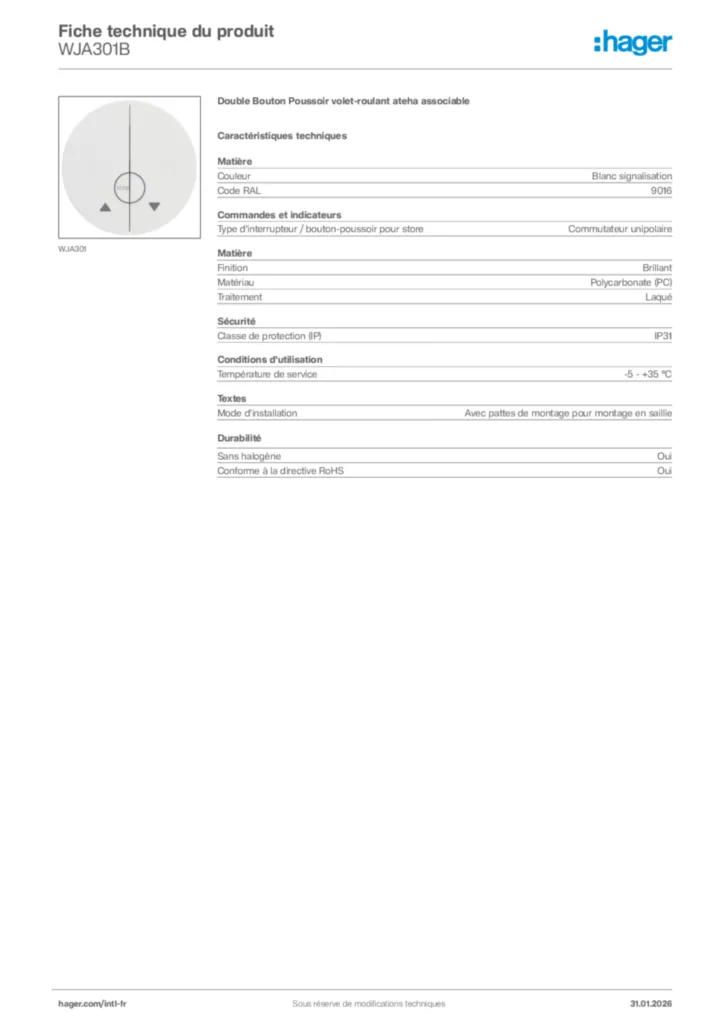 Image Hager Fiche technique du produit WJA301B | Hager Afrique