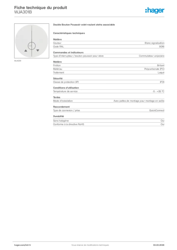Image Hager Fiche technique du produit WJA301B | Hager Afrique