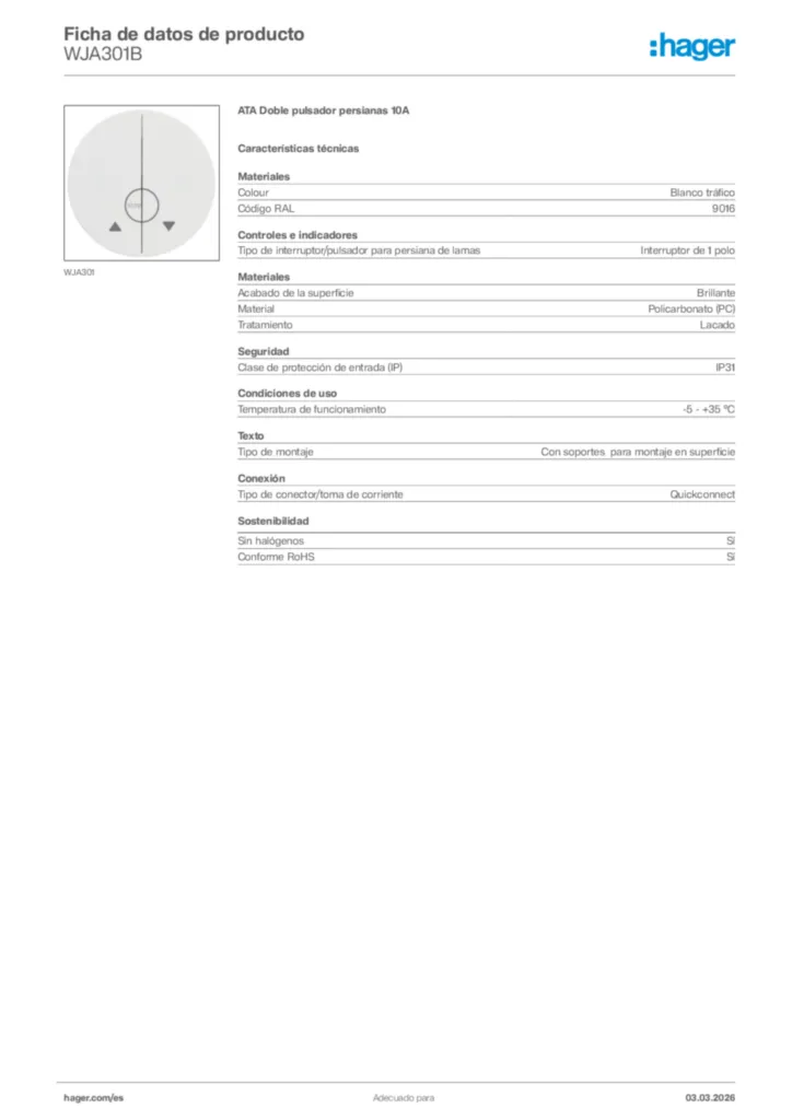 Imagen Hager Ficha de datos de producto WJA301B | Hager España