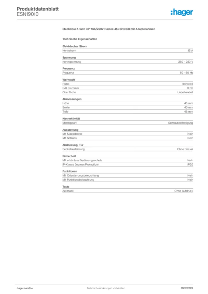 Bild Hager Produktdatenblatt ESN19010 | Hager Deutschland