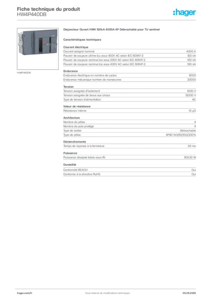 Image Hager Fiche technique du produit HW4P440DB | Hager France