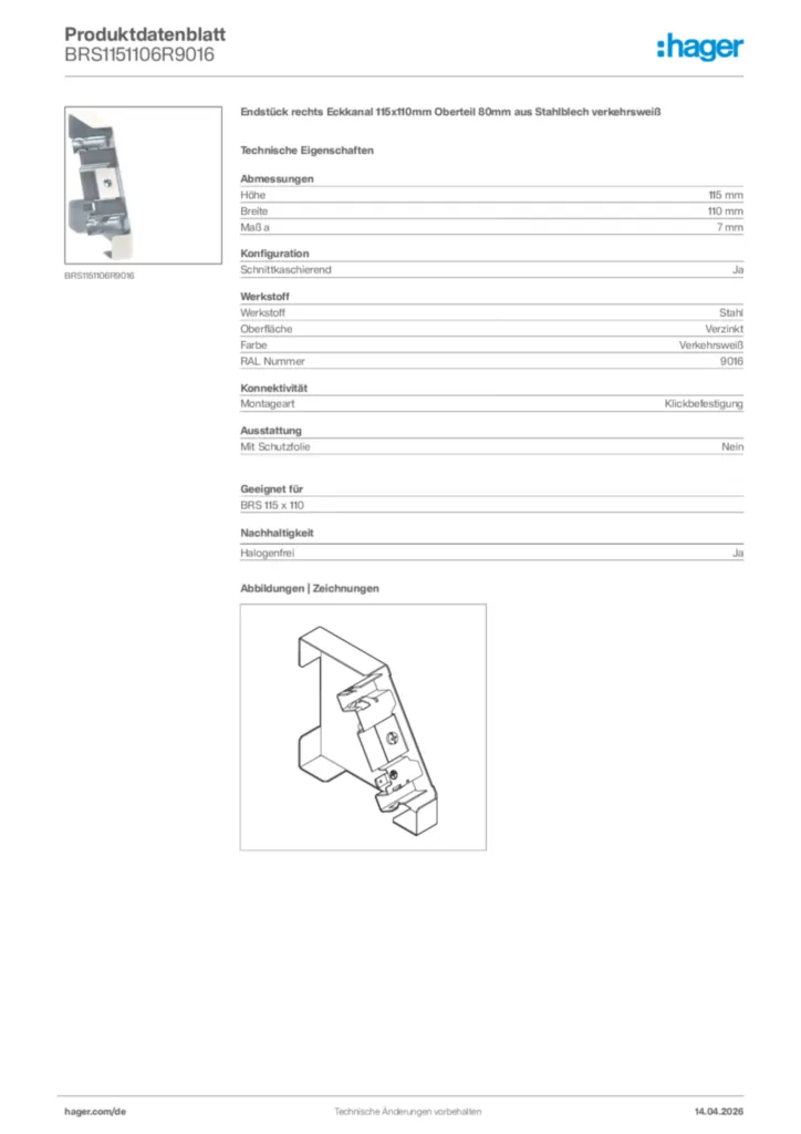 Bild Hager Produktdatenblatt BRS1151106R9016 | Hager Deutschland