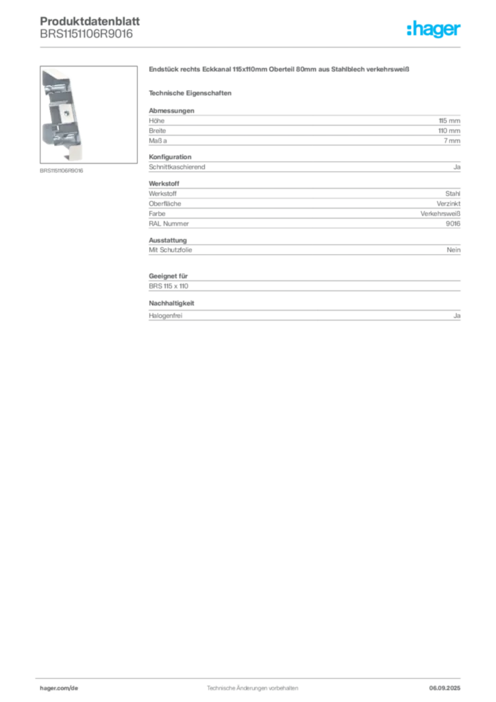 Bild Hager Produktdatenblatt BRS1151106R9016 | Hager Deutschland