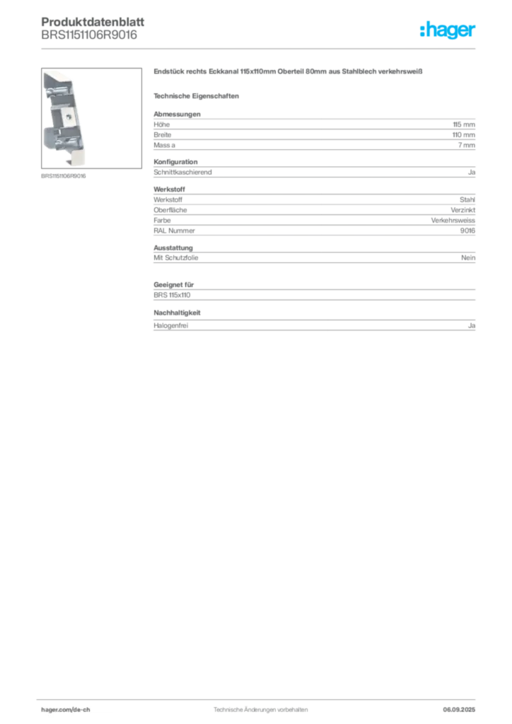 Bild Hager Produktdatenblatt BRS1151106R9016 | Hager Schweiz