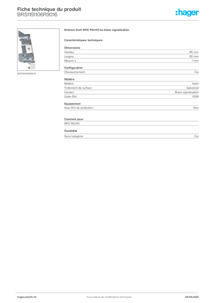 Image Hager Fiche technique du produit BRS1151106R9016 | Hager Suisse