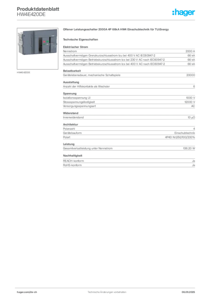 Bild Hager Produktdatenblatt HW4E420DE | Hager Schweiz