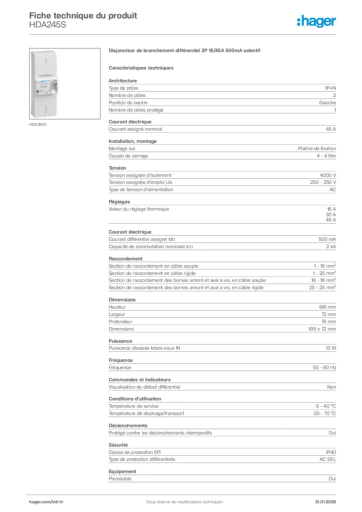 Image Hager Fiche technique du produit HDA245S | Hager Afrique