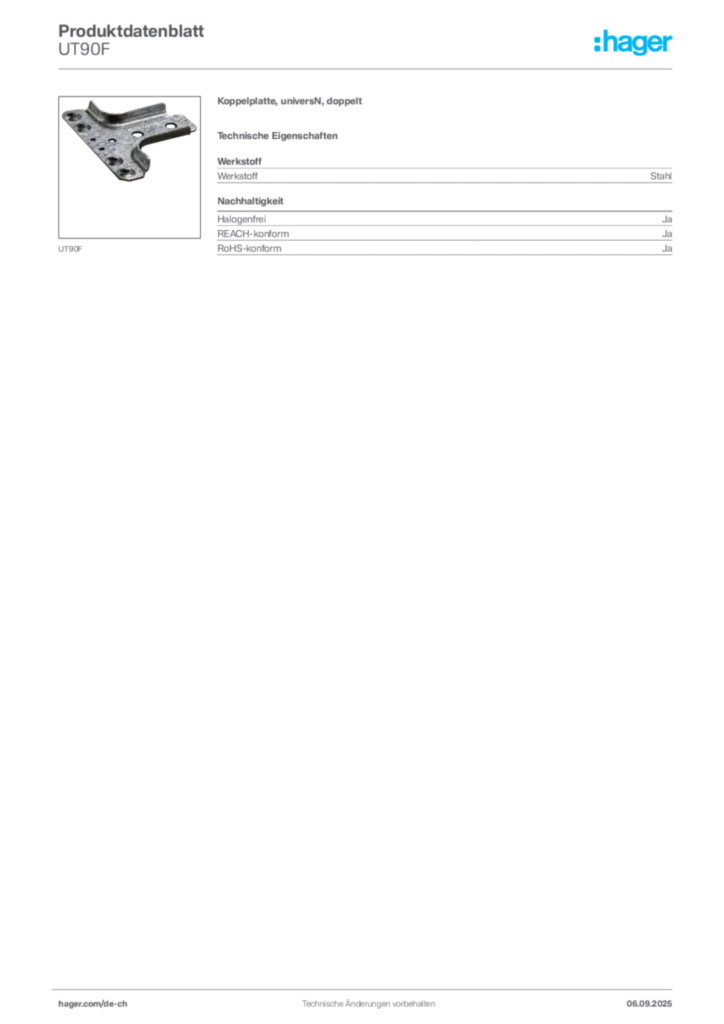 Bild Hager Produktdatenblatt UT90F | Hager Schweiz