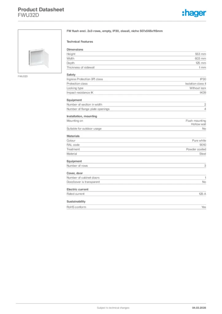 Image Hager Product data sheet FWU32D  | Hager Africa