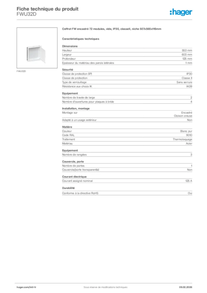 Image Hager Fiche technique du produit FWU32D | Hager Afrique