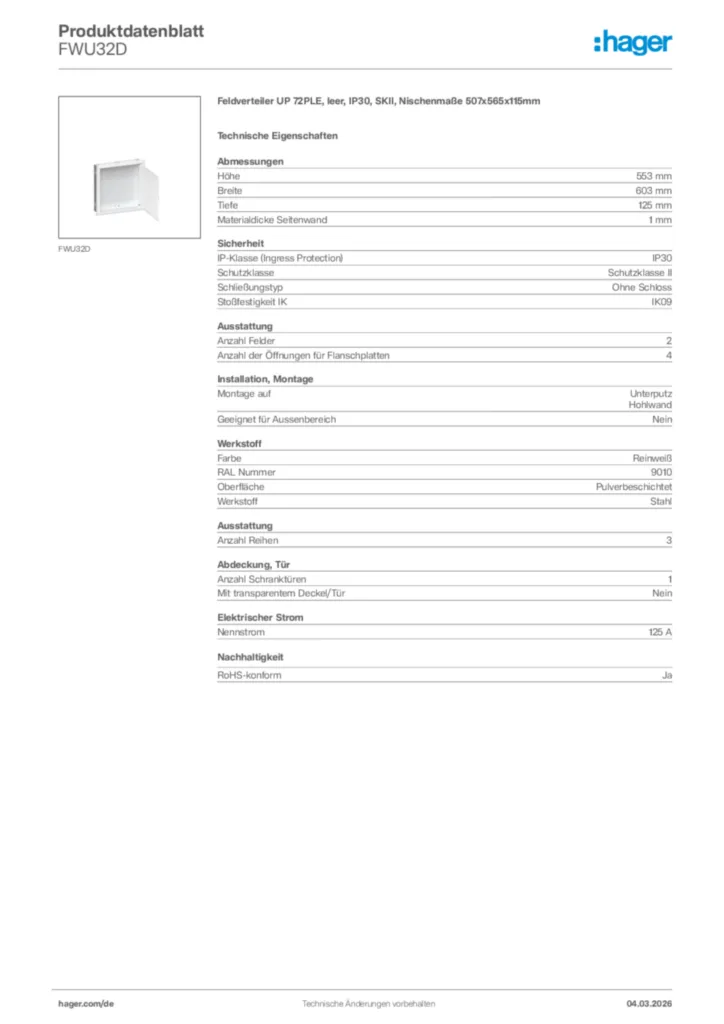 Bild Hager Produktdatenblatt FWU32D | Hager Deutschland