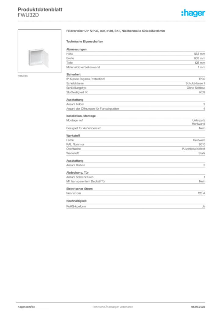 Bild Hager Produktdatenblatt FWU32D | Hager Deutschland