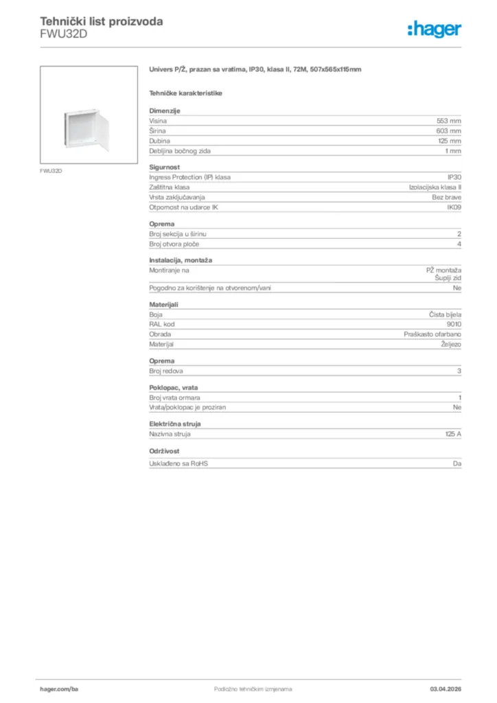 Slika Hager Tehnički list proizvoda FWU32D  | Hager