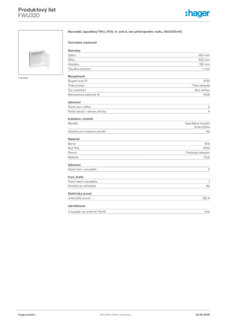 Obrázek Hager Product data sheet FWU32D | Hager