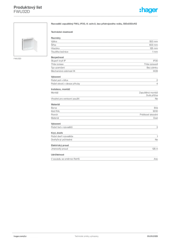 Obrázek Hager Produktový list FWU32D | Hager