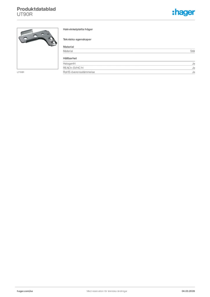 Bild Hager Produktdatablad UT90R | Hager Sverige