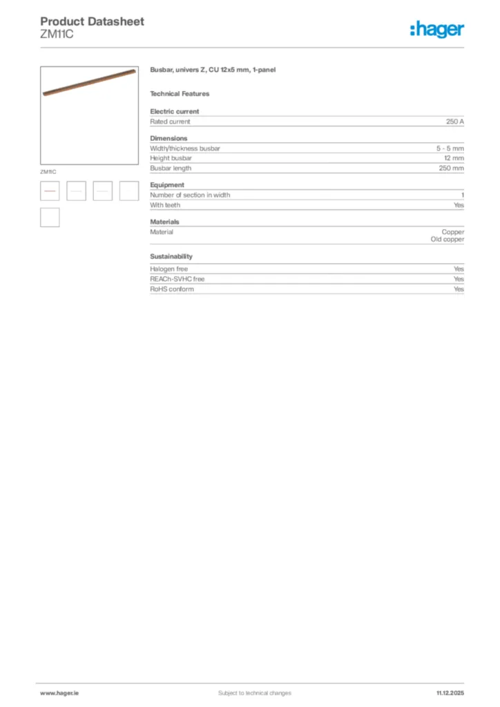 Image Hager Product data sheet ZM11C  | Hager