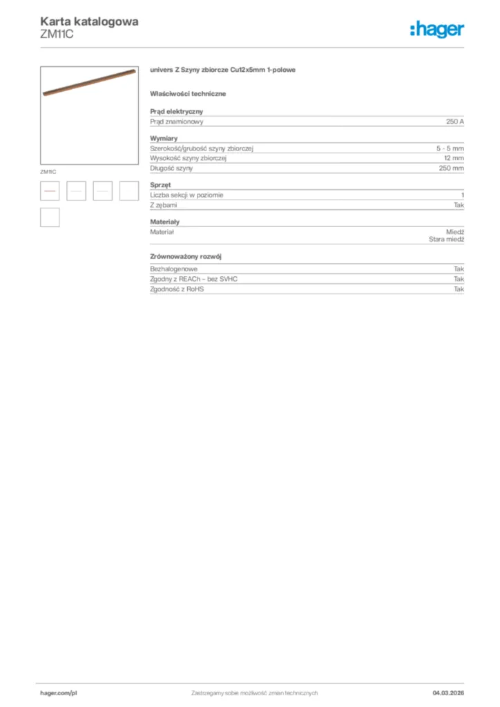 Zdjęcie Hager Karta katalogowa ZM11C | Hager Polska