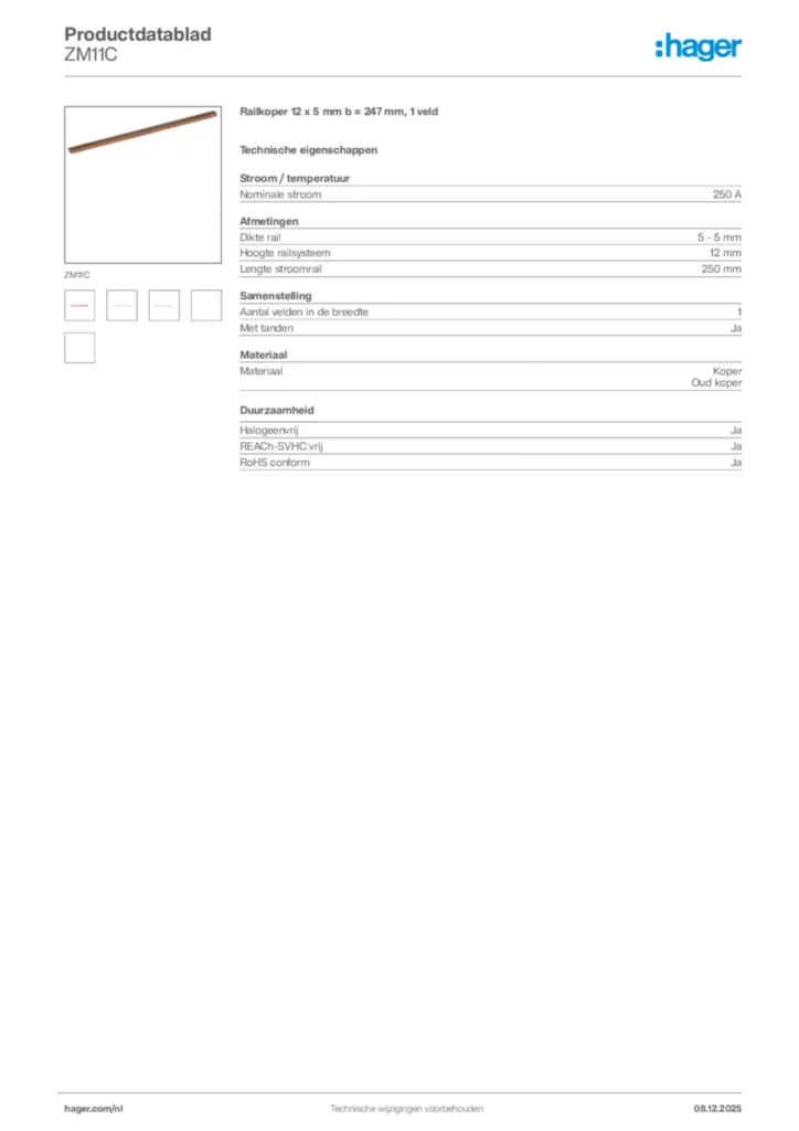 Afbeelding Hager Productdatablad ZM11C | Hager Nederland