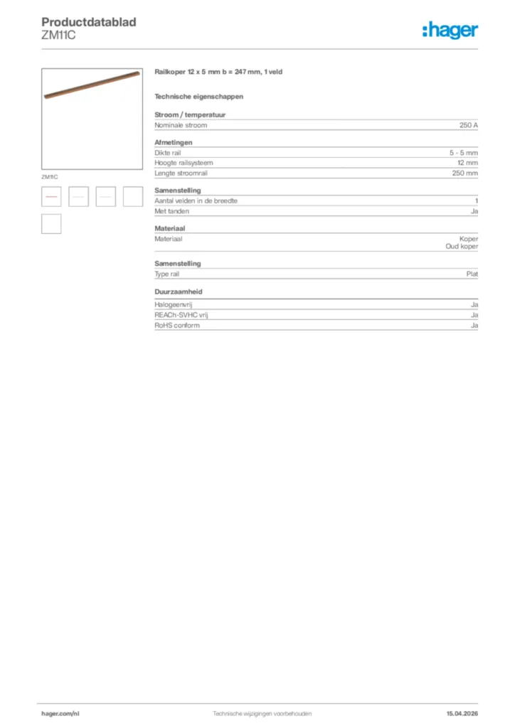 Afbeelding Hager Productdatablad ZM11C | Hager Nederland