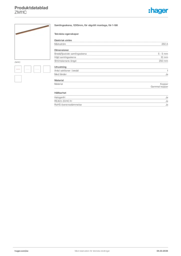 Bild Hager Produktdatablad ZM11C | Hager Sverige