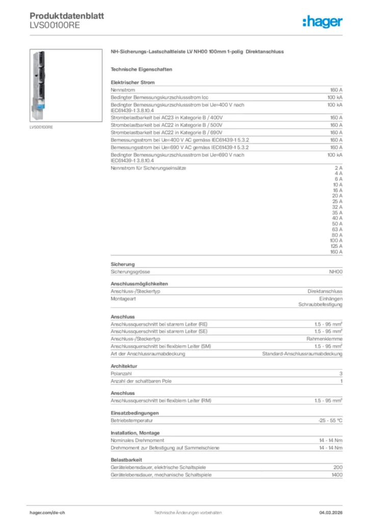 Bild Hager Produktdatenblatt LVS00100RE | Hager Schweiz