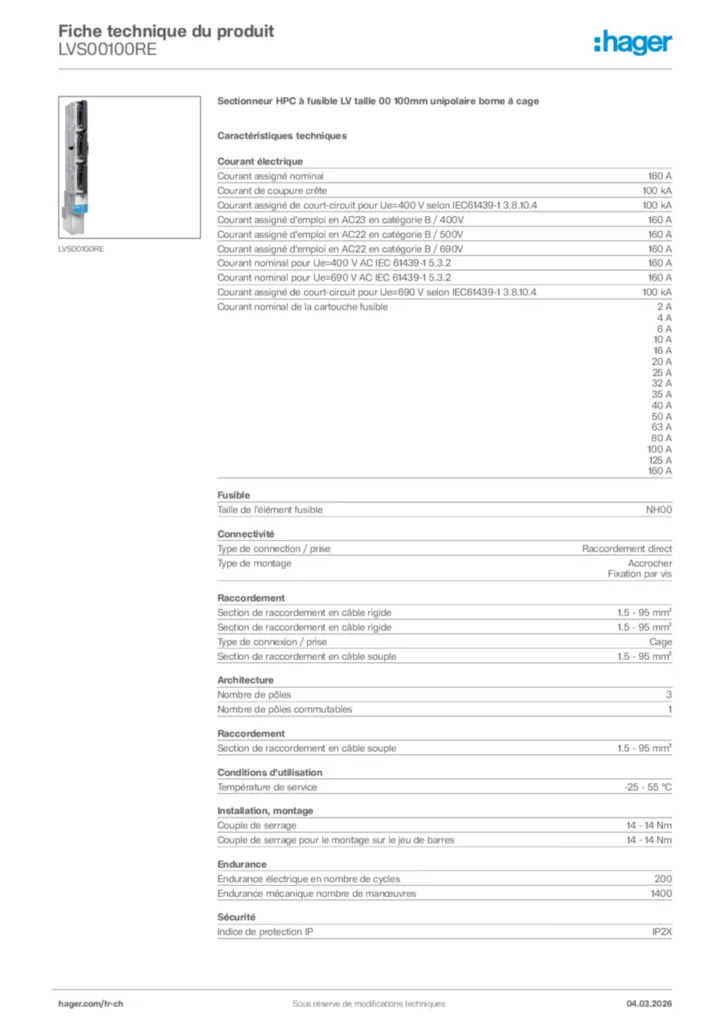 Image Hager Fiche technique du produit LVS00100RE | Hager Suisse