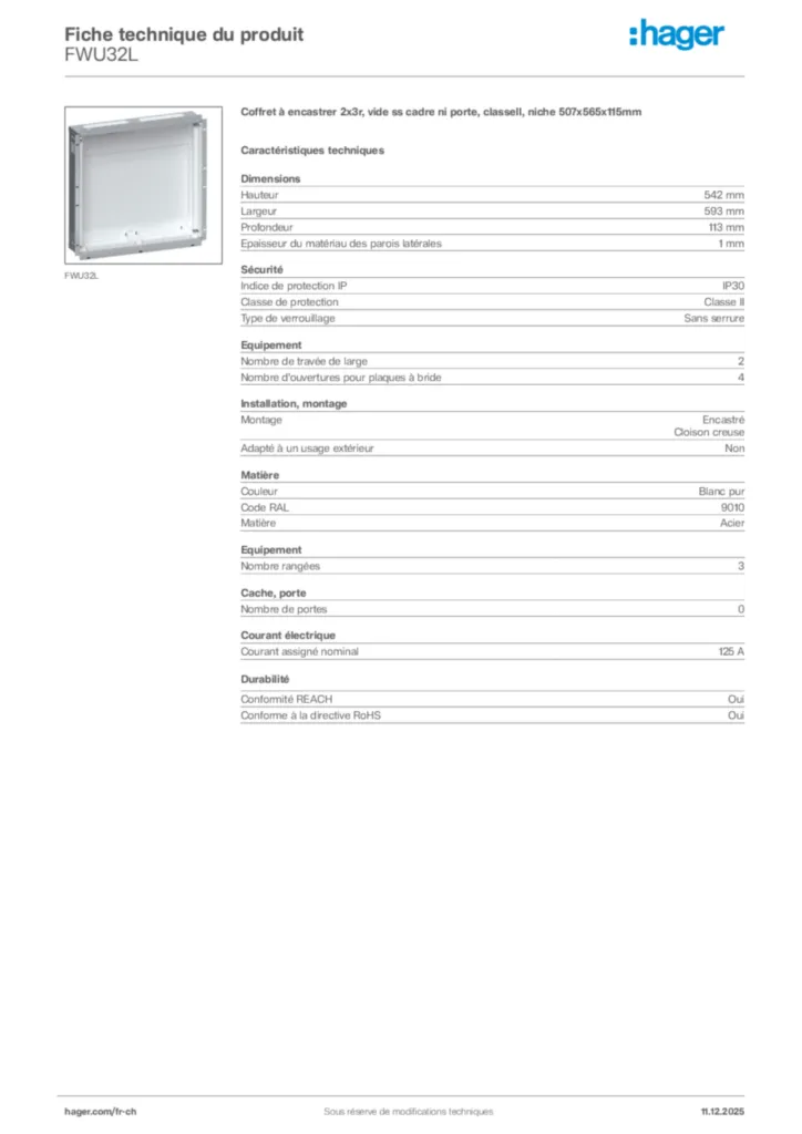 Image Hager Fiche technique du produit FWU32L | Hager Suisse