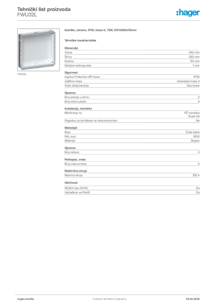Slika Hager Tehnički list proizvoda FWU32L  | Hager