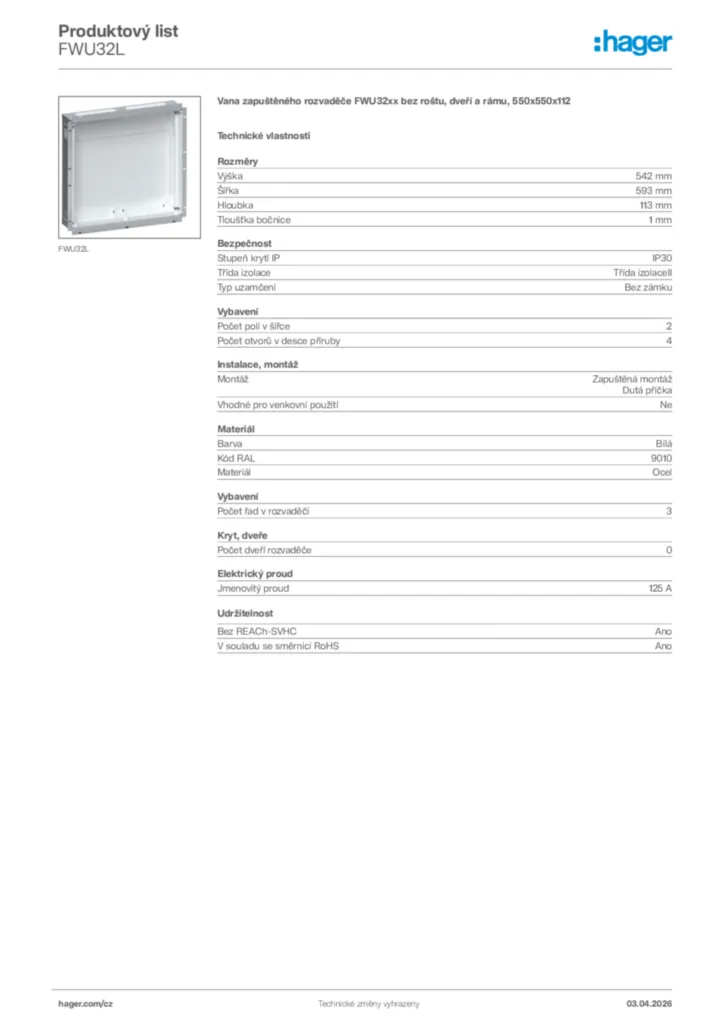 Obrázek Hager Product data sheet FWU32L | Hager