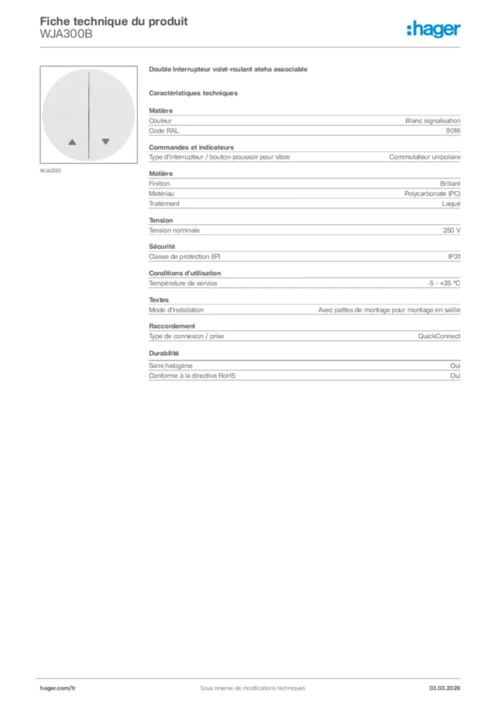 Image Hager Fiche technique du produit WJA300B | Hager France
